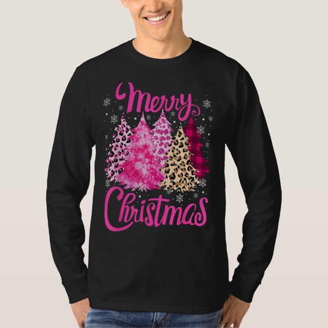 Merry Christmas Tree Pink  Xmas Leopard Matching F T Shirt (Framsida)