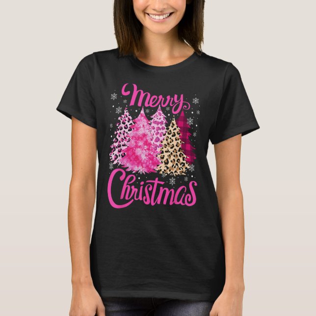 Merry Christmas Tree Pink  Xmas Leopard Matching F T Shirt (Framsida)