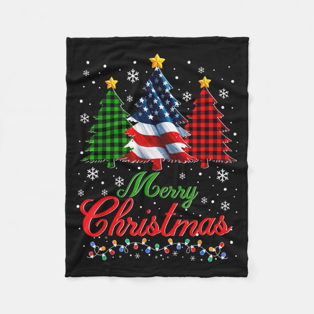 Merry Christmas Tree Plaid Us Flag Snowflake Xmas  Fleecefilt (Framsidan)