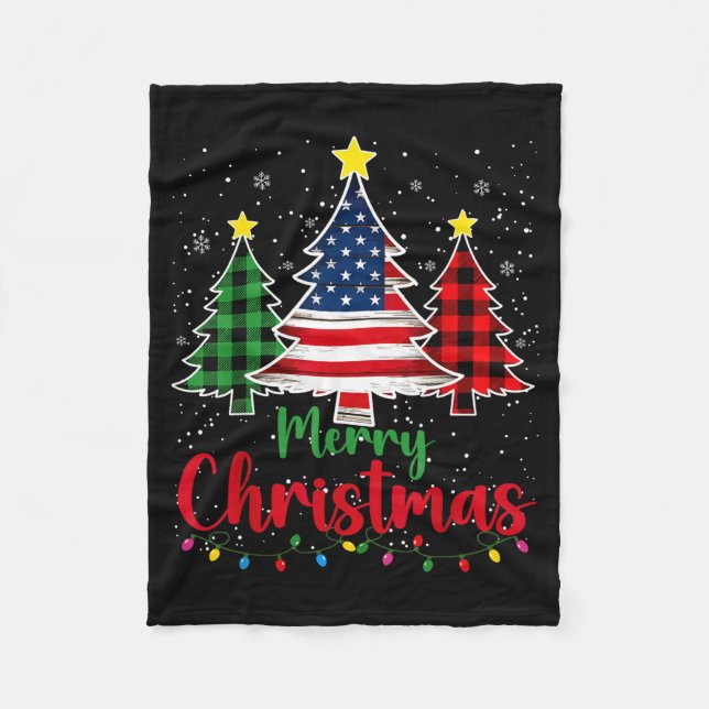 Merry Christmas Tree Plaid Us Flag Snowflake Xmas  Fleecefilt (Framsidan)