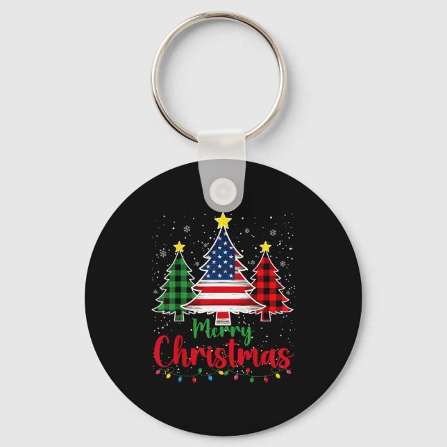 Merry Christmas Tree Plaid Us Flag Snowflake Xmas  Nyckelring (Framsida)