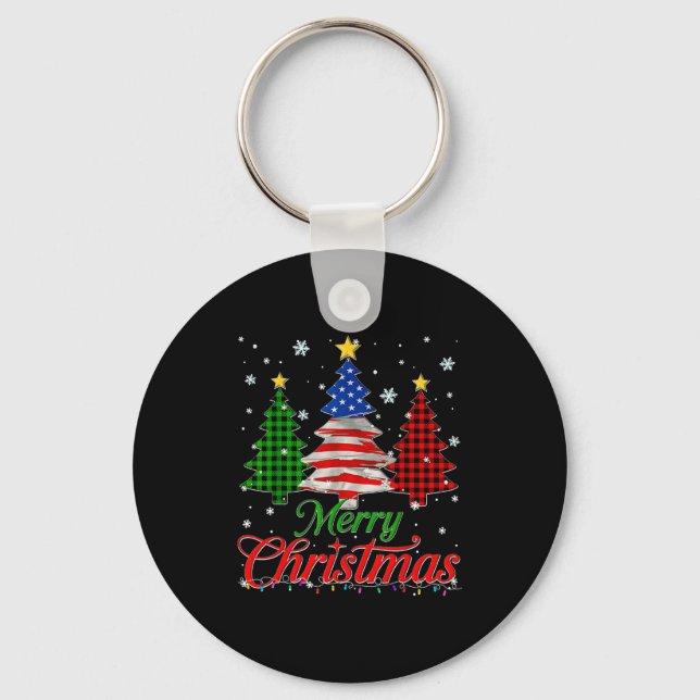 Merry Christmas Tree Plaid Us Flag Snowflake Xmas  Nyckelring (Framsida)