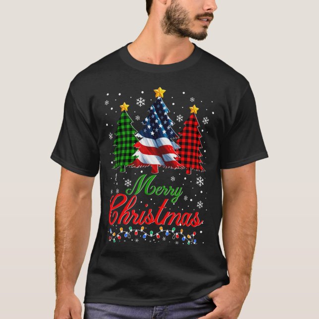 Merry Christmas Tree Plaid Us Flag Snowflake Xmas  T Shirt (Framsida)