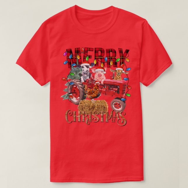 Merry Christmas Tree Red Tractor Lighting Farmer C T Shirt (Design framsida)