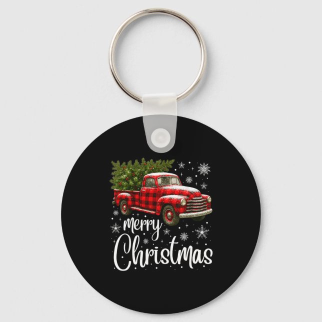 Merry Christmas Truck Buffalo Plaid Xmas Tree Men  Nyckelring (Framsida)