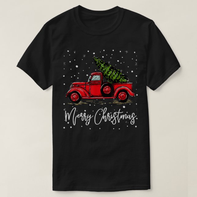 Merry Christmas Truck Red With Tree Funny Xmas Paj T Shirt (Design framsida)
