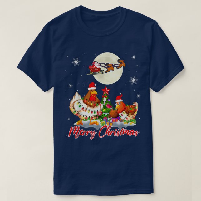 Merry Christmas Two Santa Chickens Xmas Tree Light T Shirt (Design framsida)