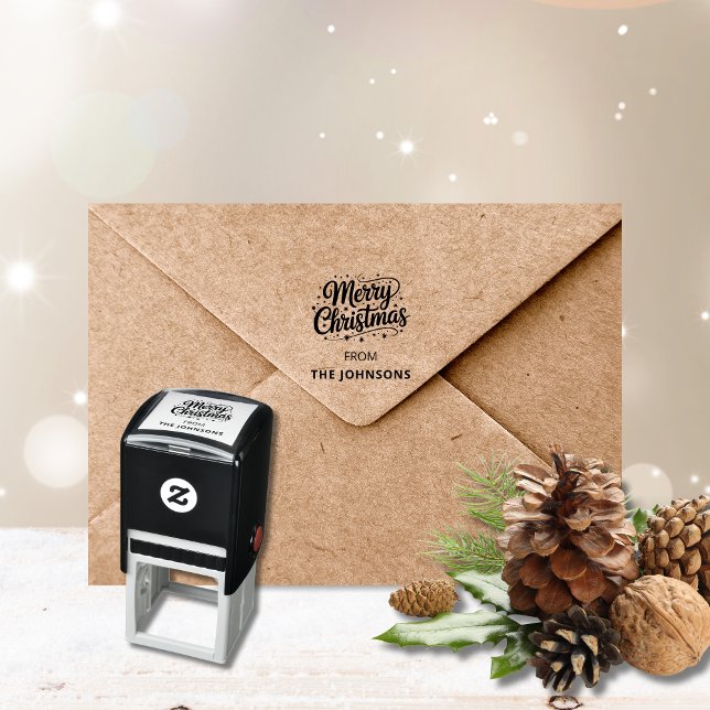 Merry Christmas Typography Logo Name Självfärgande Stämpel (Merry Christmas logo custom name red self inking stamp)