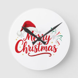 Merry Christmas Typography with Santa Hat and Snow Rund Klocka