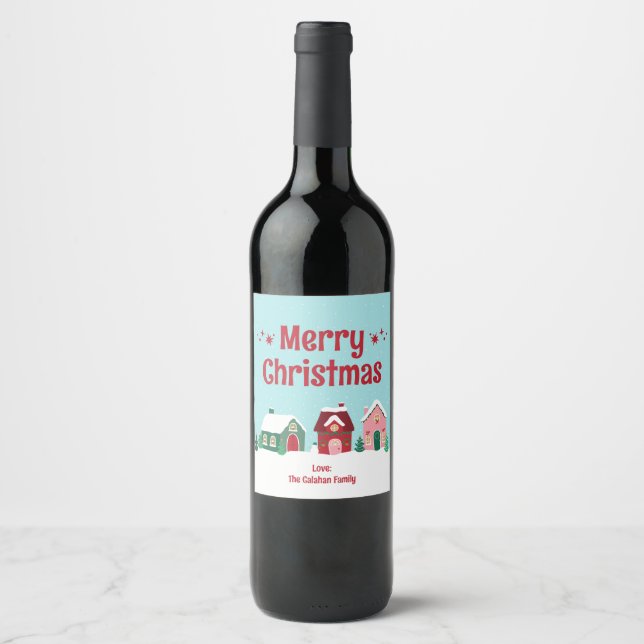Merry Christmas Village Wine Label Vinflaska Etikett (Framsida)