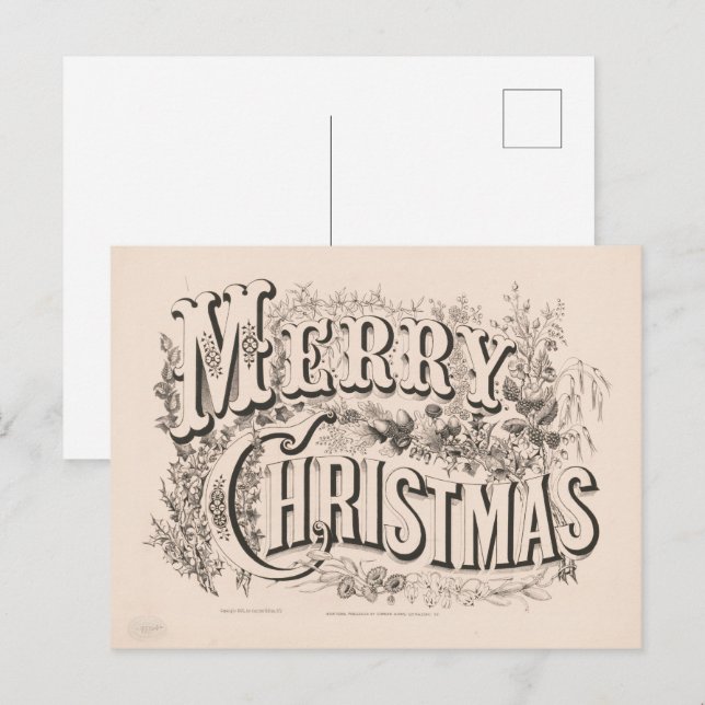 Merry Christmas, Vintage Currier & Ives Print Vykort (Fram/baksida)