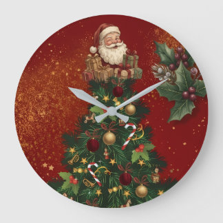 Merry Christmas Wall Clock - Vintage Santa & Festi Stor Klocka