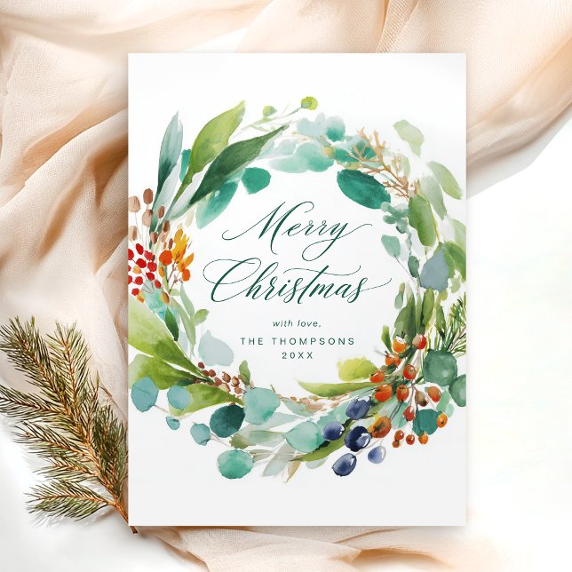 Merry Christmas Watercolor Botanical Julkort (Skapare uppladdad)