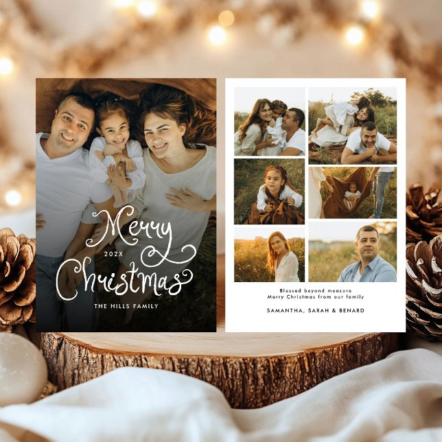 Merry Christmas Whimsical Script  Family 7 Photos Julkort (Skapare uppladdad)