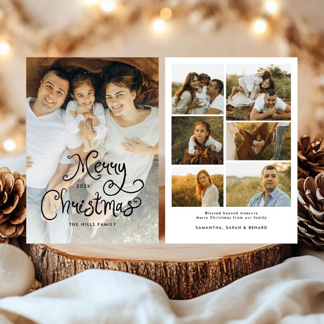 Merry Christmas Whimsical Script  Family 7 Photos Julkort (Skapare uppladdad)