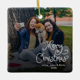 Merry Christmas Whimsical Script Family Photo Dog Julgransprydnad Keramik