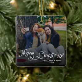 Merry Christmas Whimsical Script Family Photo Dog Julgransprydnad Keramik