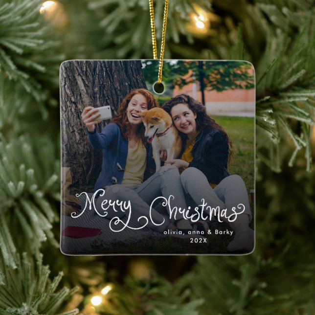 Merry Christmas Whimsical Script Family Photo Dog Julgransprydnad Keramik (Träd)