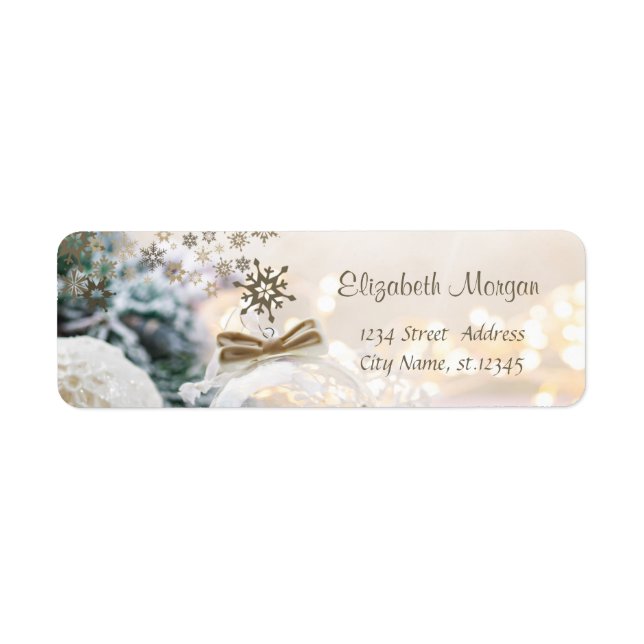 Merry Christmas White Balls Snowflakes  Returadress Etikett (Framsidan)