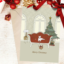 Merry Christmas White Cat Greeting Card Helgkort