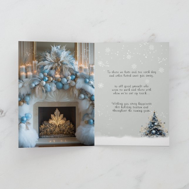 Merry Christmas White Fireplace Blue Ornaments Helgkort (Inuti)