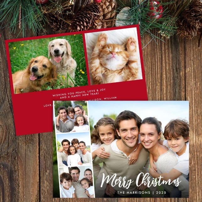 Merry Christmas White Script Photo Strip Julkort (Share the love and warmth of the holiday season with this personalized photo Christmas card)