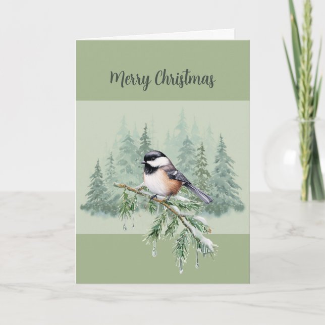 Merry Christmas Winter Spruce Tree Chickadee Helgkort (Framsida)
