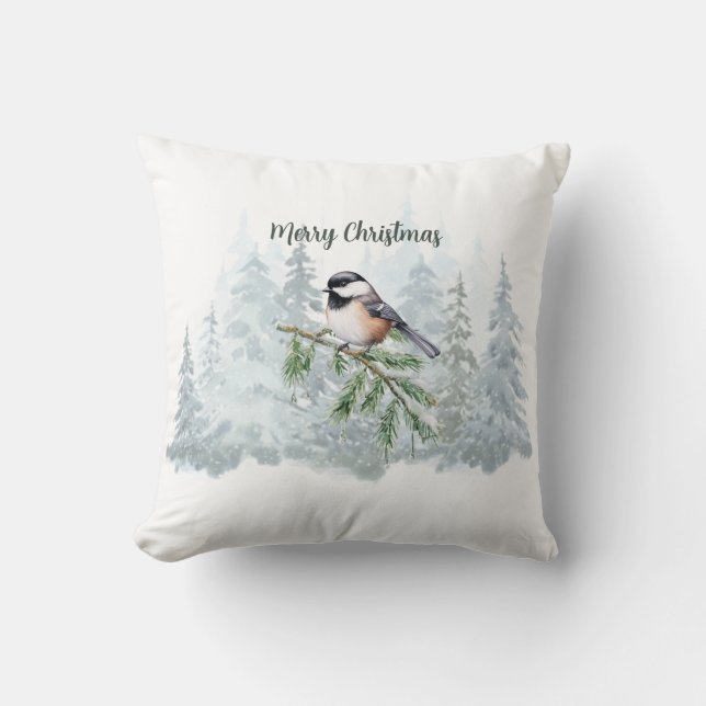 Merry Christmas Winter Spruce Tree Chickadee Kudde (Framsida)