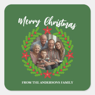 Merry Christmas Wreath Photo Holiday Family Name Fyrkantigt Klistermärke