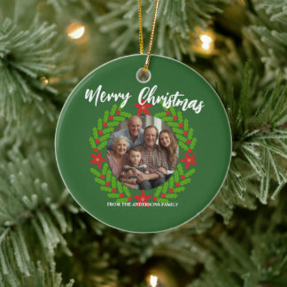 Merry Christmas Wreath Photo Holiday Family Name Julgransprydnad Keramik