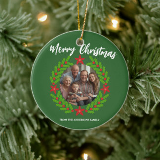 Merry Christmas Wreath Photo Holiday Family Name Julgransprydnad Keramik