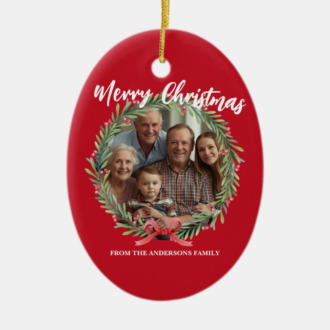 Merry Christmas Wreath Photo Personalized Family N Julgransprydnad Keramik (Framsidan)