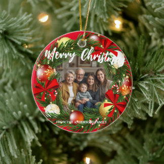 Merry Christmas Wreath Photo Personalized Family N Julgransprydnad Keramik