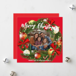 Merry Christmas Wreath Photo Personalized Family N Julkort