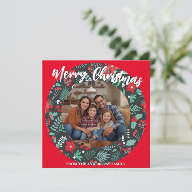 Merry Christmas Wreath Photo Personalized Family N Julkort (Stående Fram)