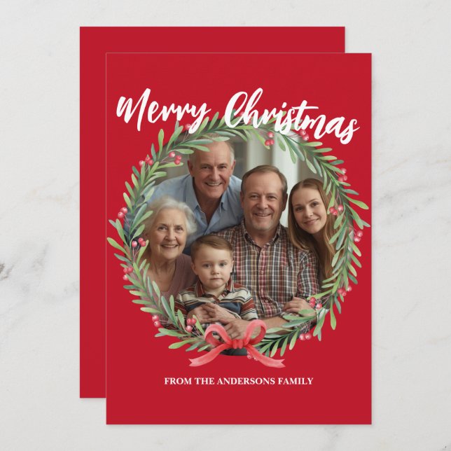 Merry Christmas Wreath Photo Personalized Family N Julkort (Fram/baksida)
