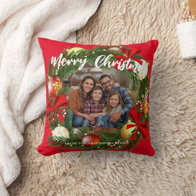 Merry Christmas Wreath Photo Personalized Family N Kudde (Filt)