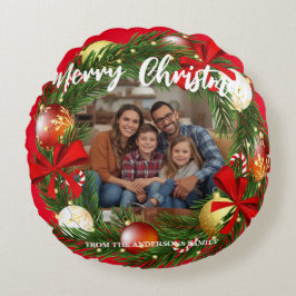 Merry Christmas Wreath Photo Personalized Family N Rund Kudde