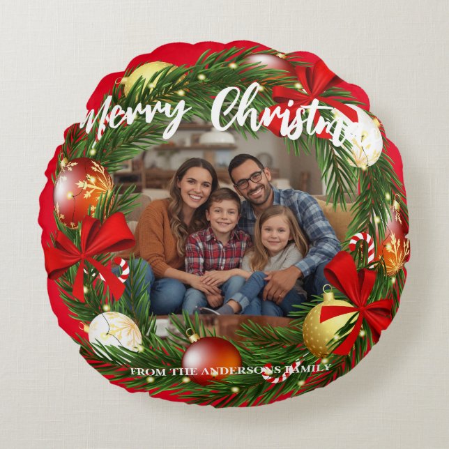 Merry Christmas Wreath Photo Personalized Family N Rund Kudde (Framsidan)