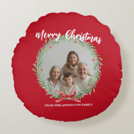 Merry Christmas Wreath Photo Personalized Family N Rund Kudde
