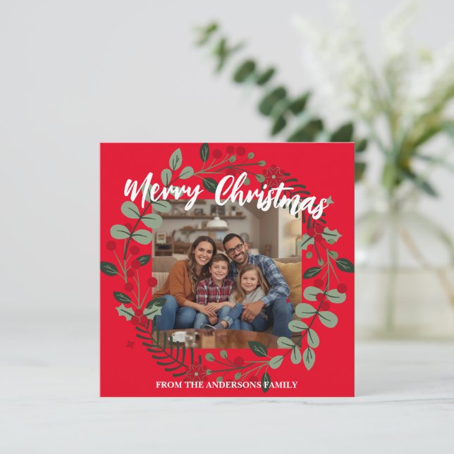 Merry Christmas Wreath Photo Personalized Family N Tack Kort (Stående Fram)