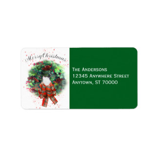 Merry Christmas Wreath Watercolor Art On Green Adressetikett