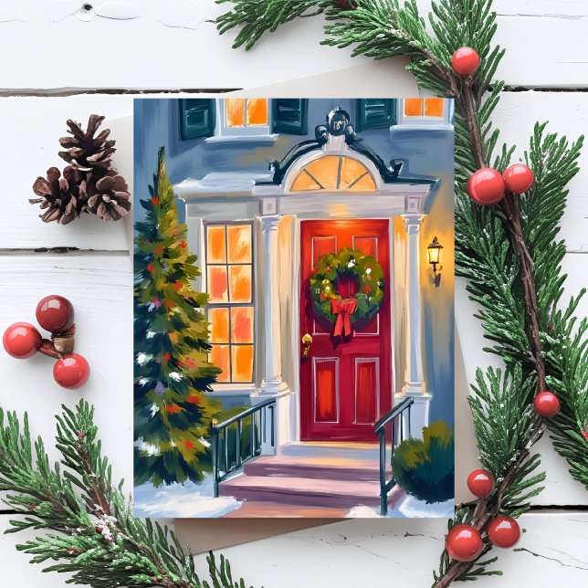 Merry Christmas Wreath Watercolor Red Helg Vykort (Skapare uppladdad)