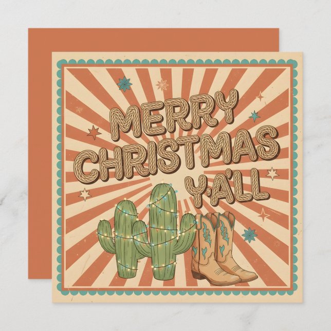 Merry Christmas Y’all Boho Western Card Julkort (Fram/baksida)