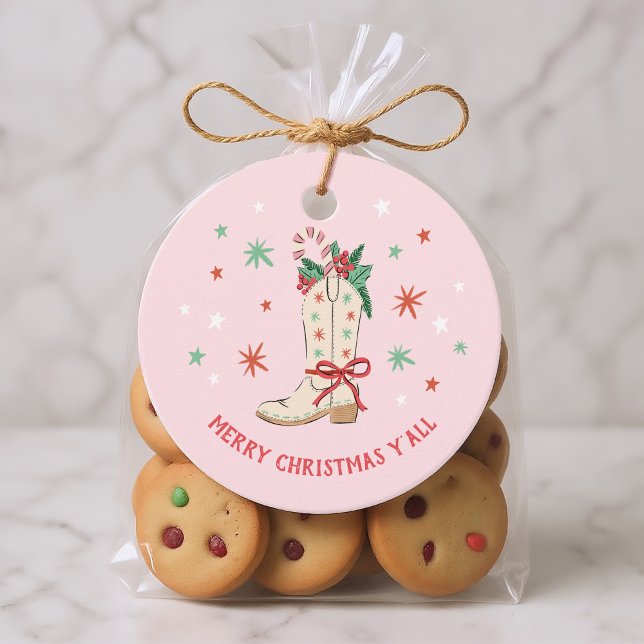 Merry Christmas Y'all Country Cowboy Boot Gift Gåvor Etiketter ("merry Christmas y'all" country-themed gift tags with hand-drawn cowboy boot)