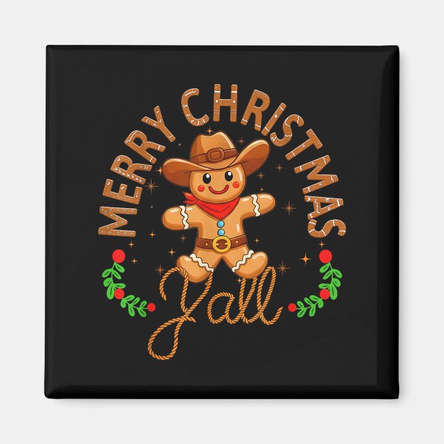 Merry Christmas Yall Gingerbread Cowboy Howdy West Magnet (Framsidan)