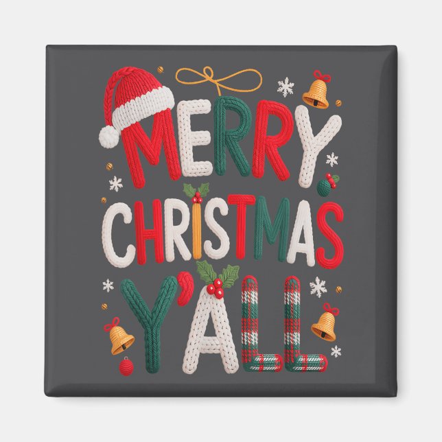 Merry Christmas Y'all Santa Hat Crochet Knitting Q Magnet (Framsidan)
