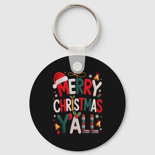 Merry Christmas Y'all Santa Hat Crochet Knitting Q Nyckelring (Framsida)