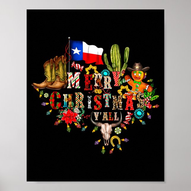Merry Christmas Y'all Texas Map Santa Hat Mens Wom Poster (Framsidan)