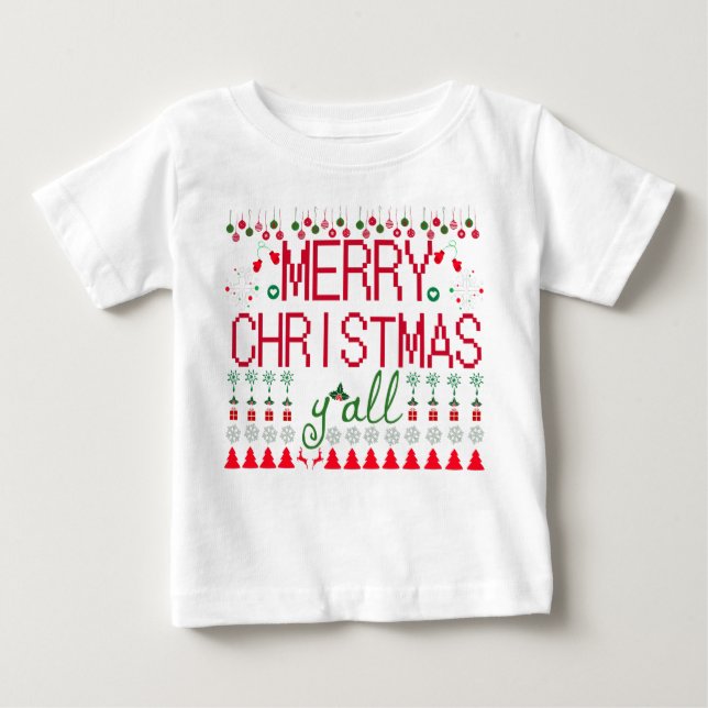 "Merry Christmas Y'all" Ugly Sweater Baby Tee (Framsida)